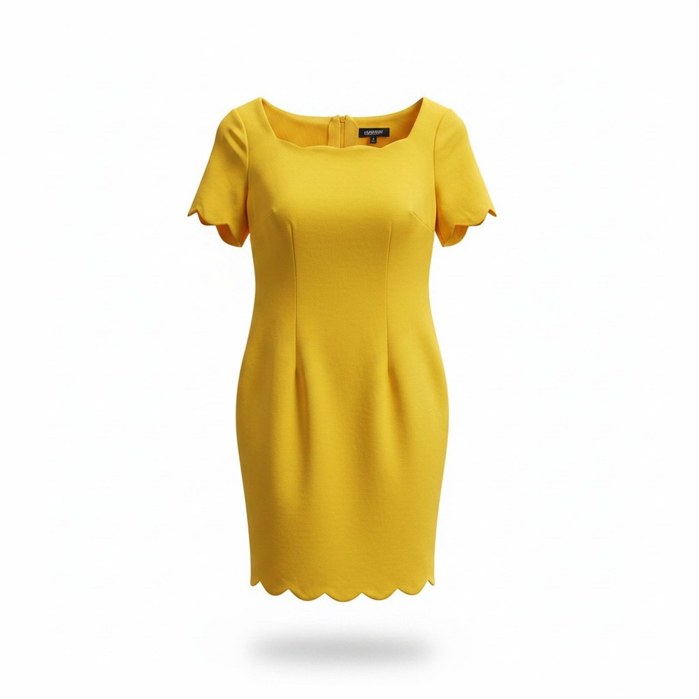 Glamour Sheath Dress Womens Size 8 Yellow Excellent Scalloped Hem Short Sleeve